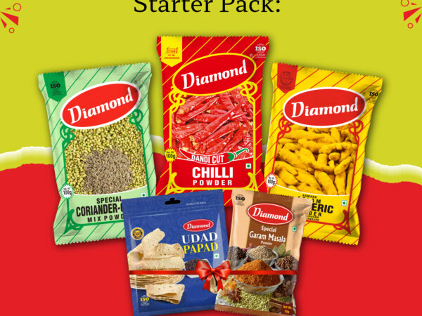 Diamond Spice Starter Combo – 100g Chilli Powder, 100g Salem Turmeric Powder, 100g Dhanajeera Powder, 50g Garam Masala + Papad